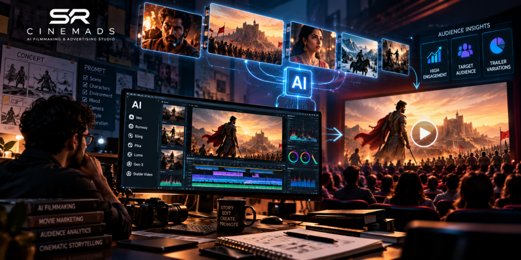 AI movie trailers, cinematic editing, and audience engagement analytics in an AI filmmaking studio